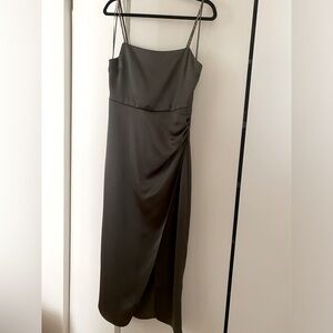 Zara midi dress with slit. Olive green. Size M. Beaded straps. Ruched side